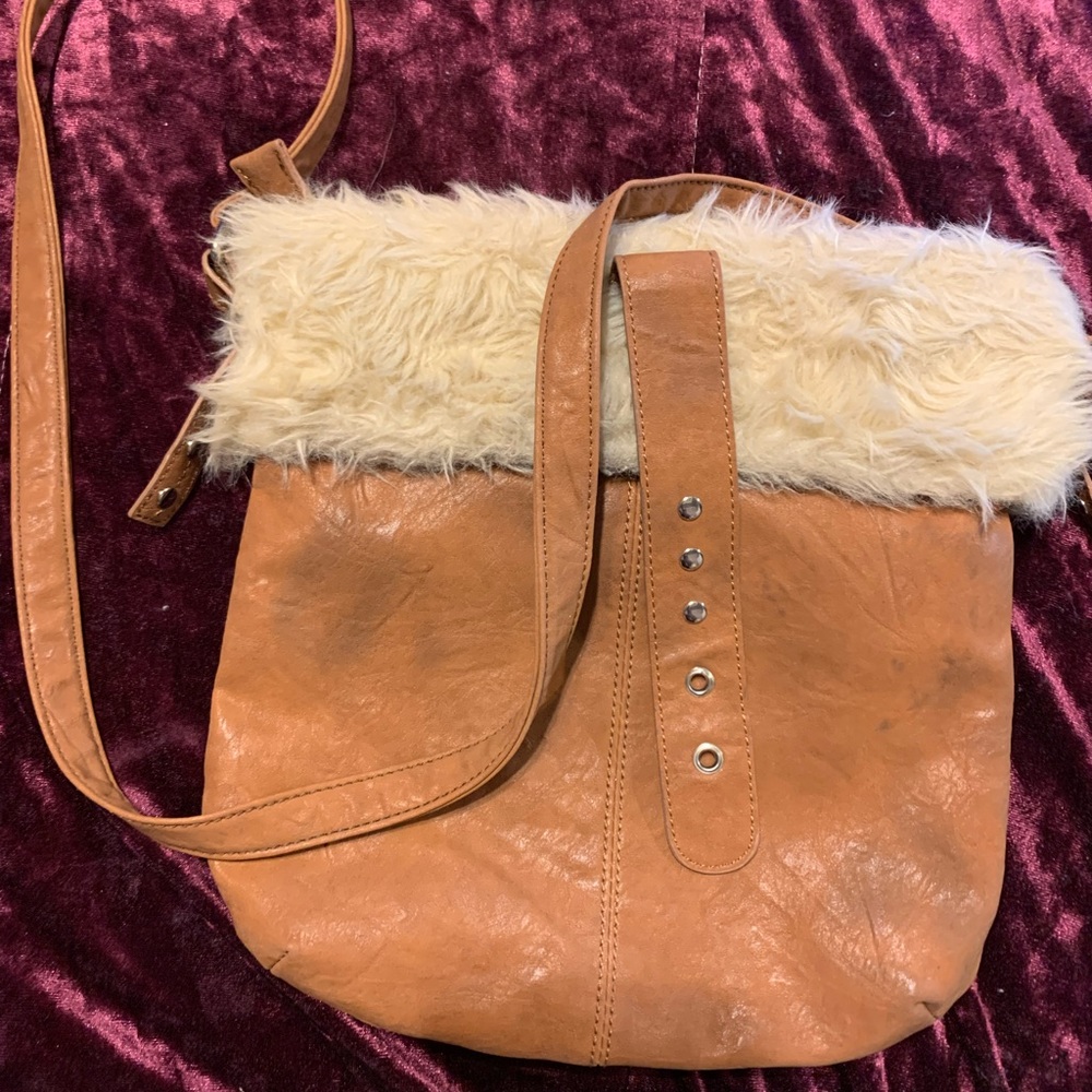 Brown leather and fur crossbody bag